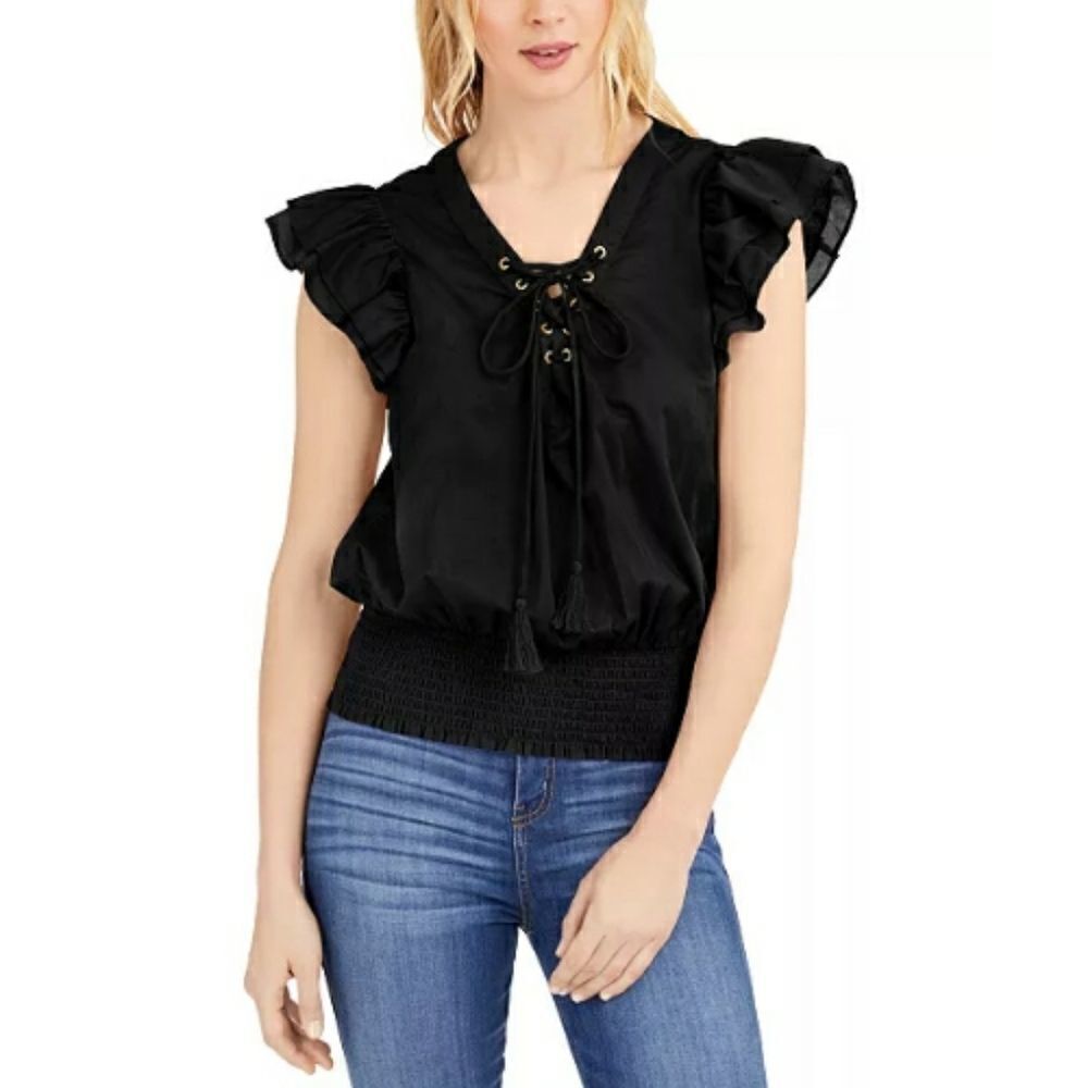 INC Cotton Tie-Front Ruffle-Sleeve Top
